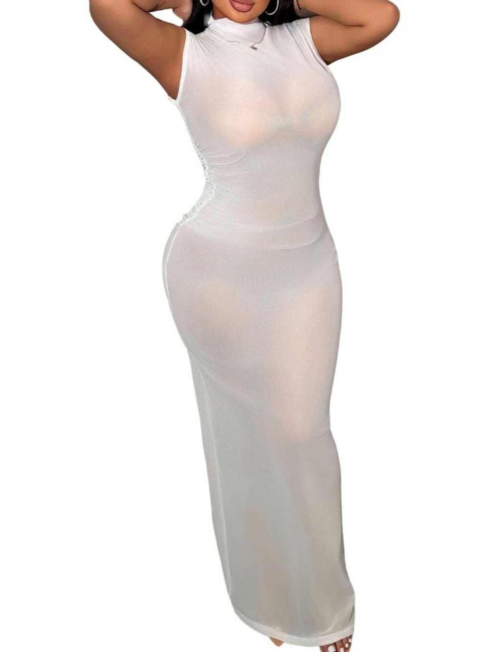 Women's White Sheer Mesh Dress Beach Pool Vacation Imported Swimsuit Cover Up